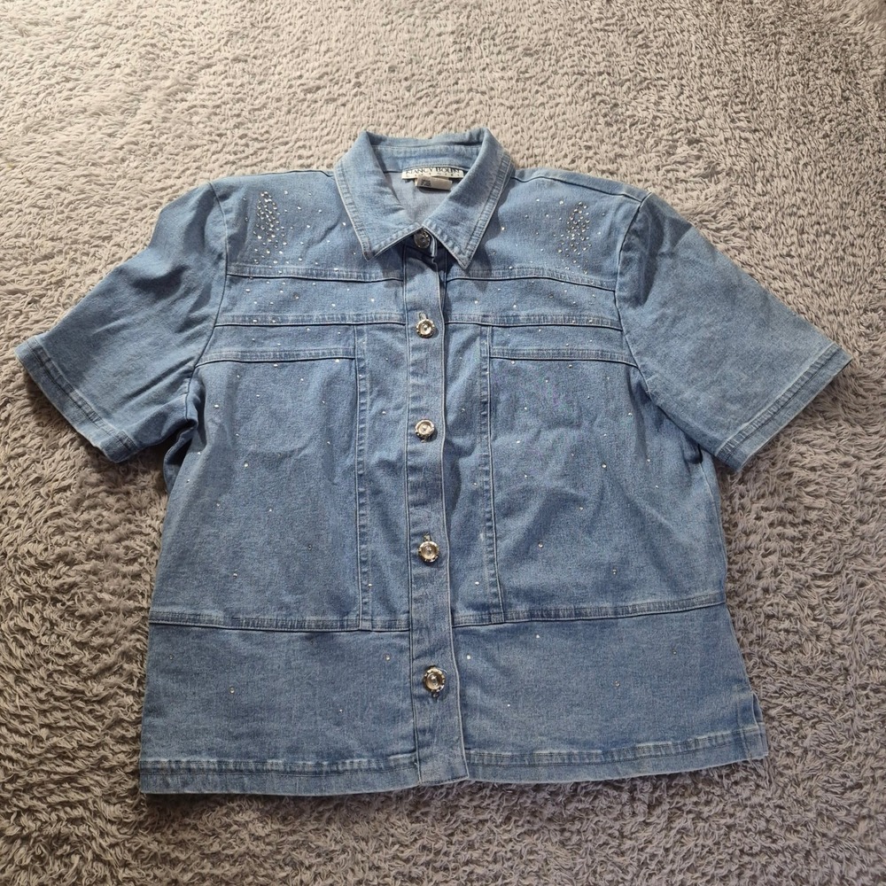 Nancy Bolen City‎ Girl Denim Rhinestone Shirt Womens 8 Retro Y2K Sparkly READ